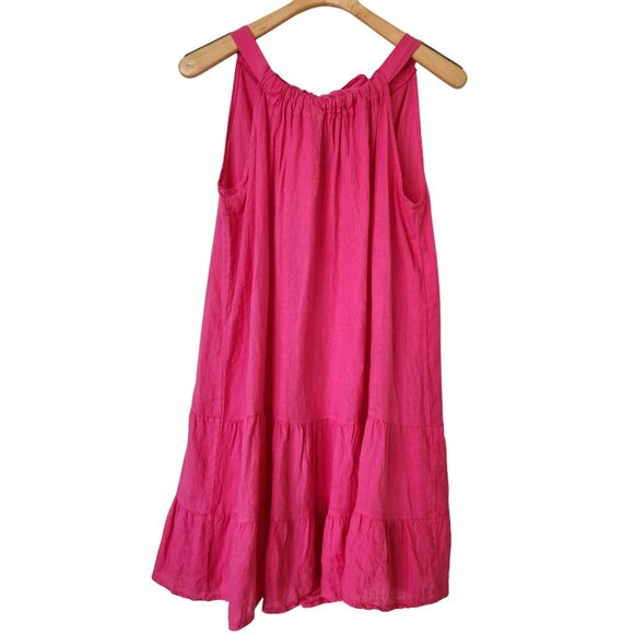 Bellambra Bright Pink Sleeveless Tiered Linen Dress Bow Coquette Elle Woods Cute - Picture 1 of 11